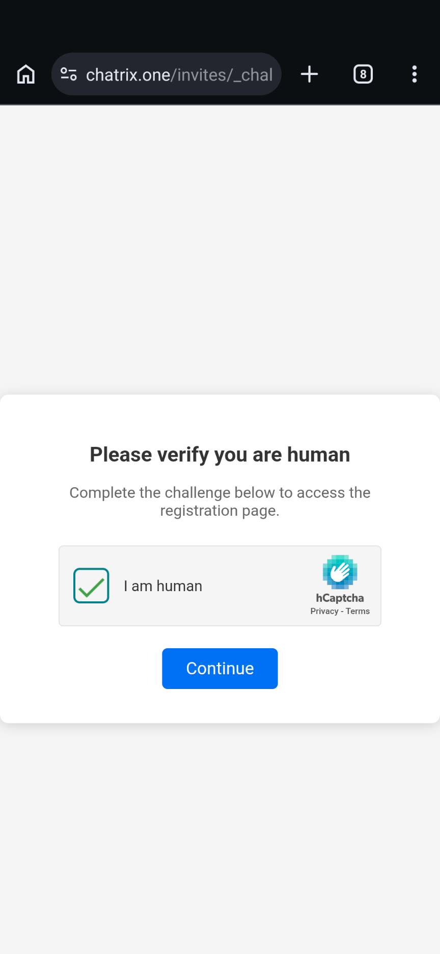 CAPTCHA решена, бутон Continue