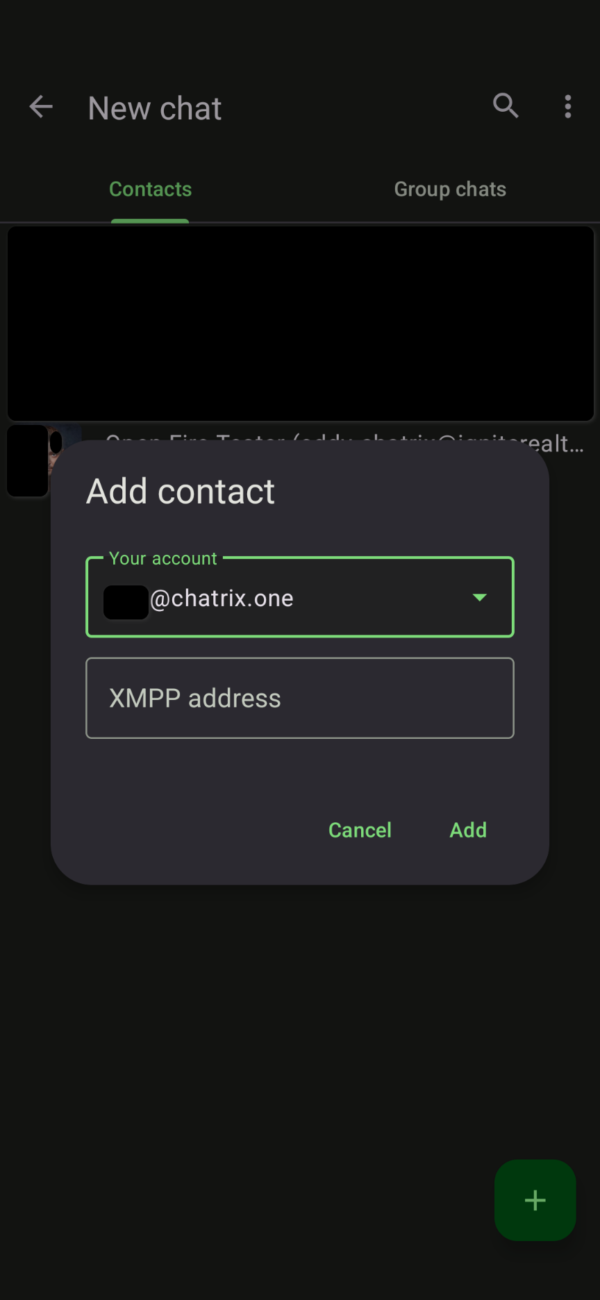 Диалог Add contact с поле за XMPP адрес
