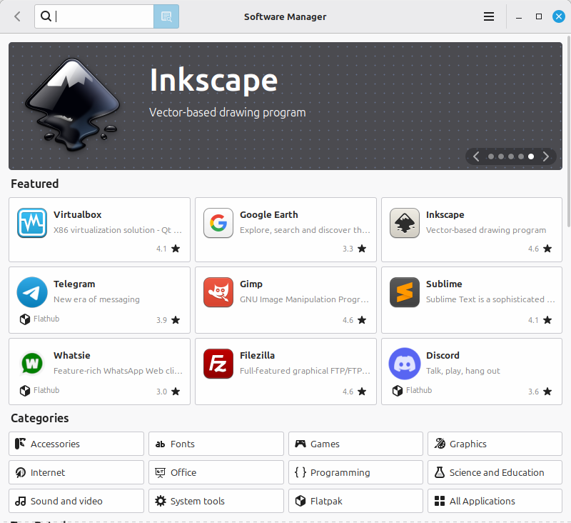 Главен екран на Software Manager в Linux Mint