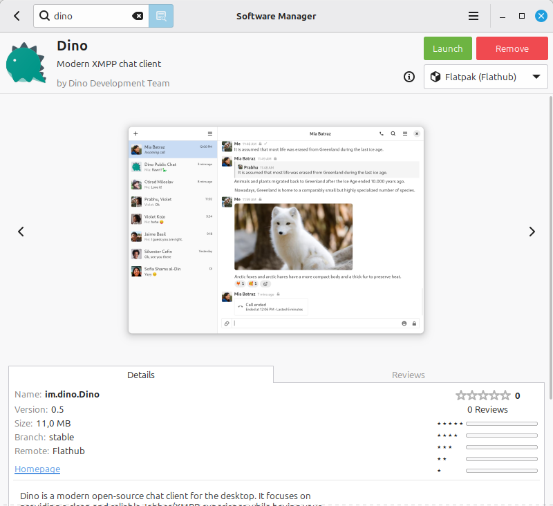 Страница на Dino в Software Manager с бутони Launch и Remove