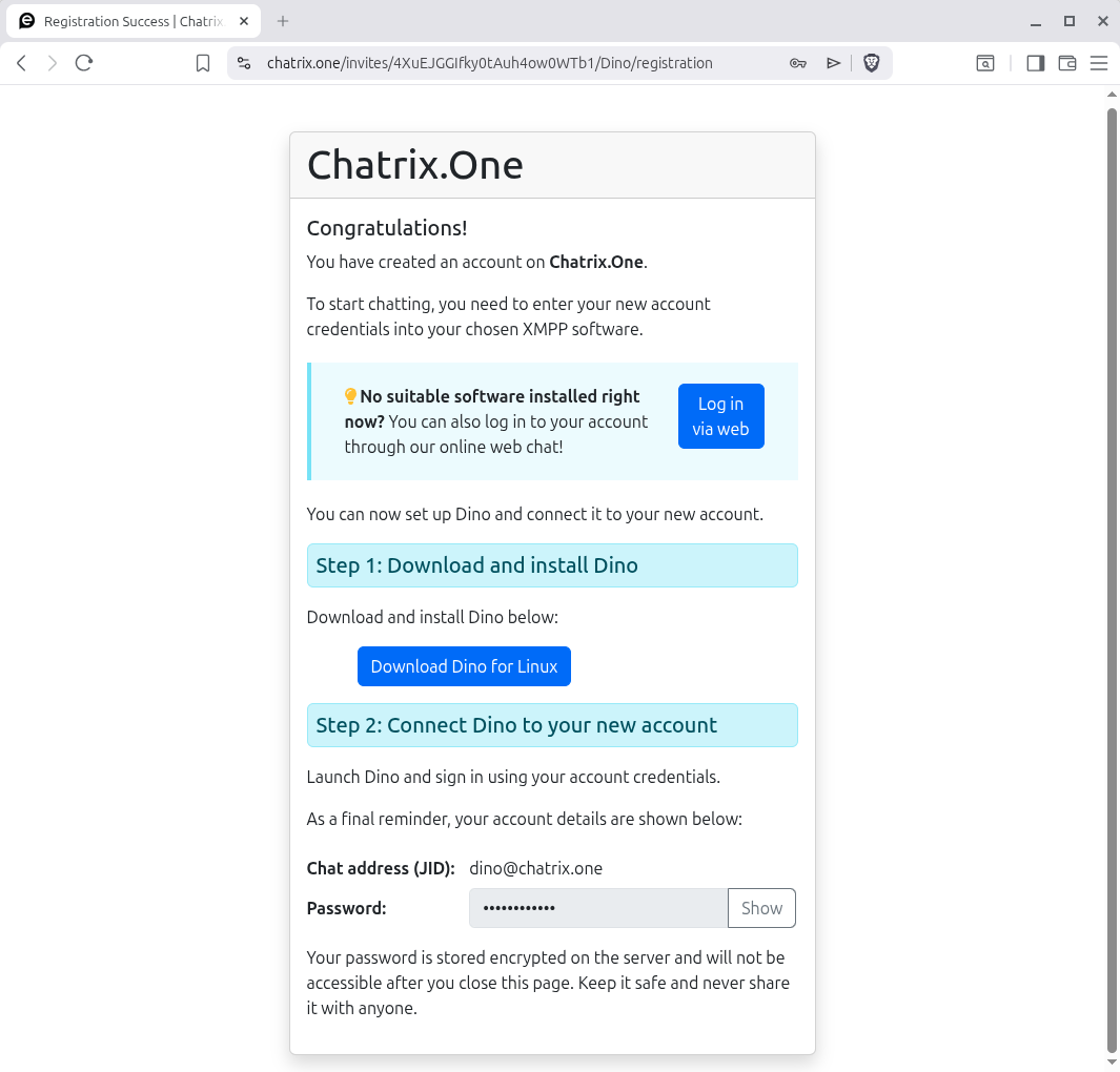 Страница за успешна регистрация в Chatrix.one