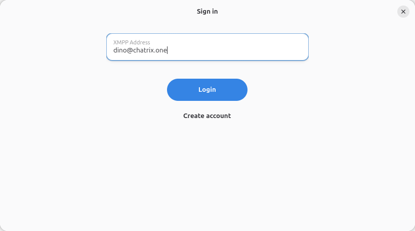Прозорец за вход в Dino с поле за XMPP адрес