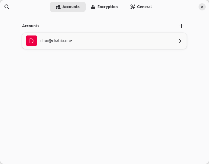 Настройки на Dino показващи раздел Accounts с dino@chatrix.one