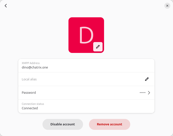 Екран за управление на акаунт в Dino с аватар и опции disable/remove