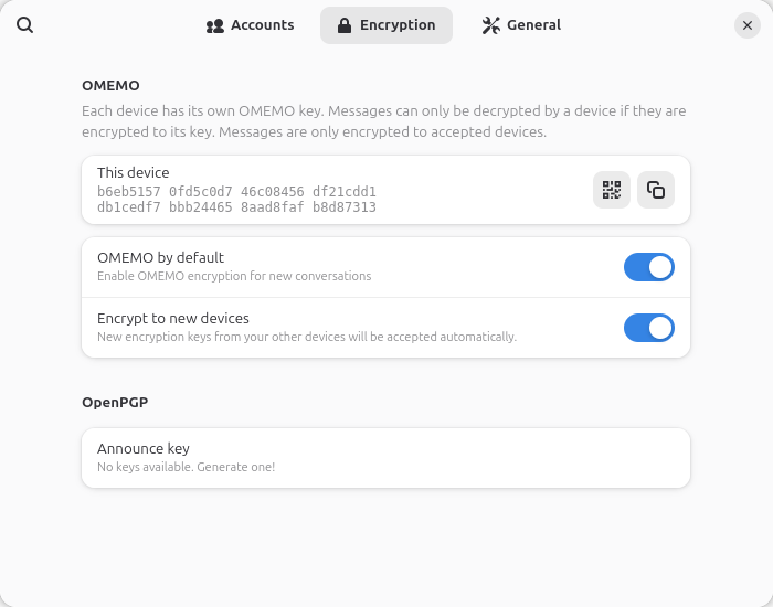 Настройки за Encryption в Dino с OMEMO ключове и превключватели