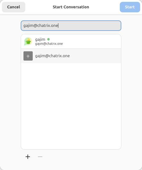 Прозорец Start Conversation с въведен JID