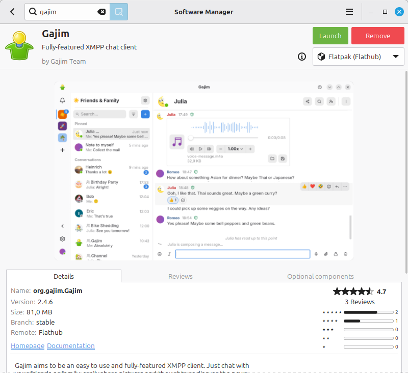 Страницата на Gajim в Software Manager с бутони Launch и Remove
