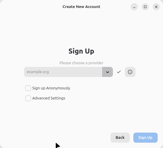 Екранът Sign Up в Gajim с избран сървър chatrix.one