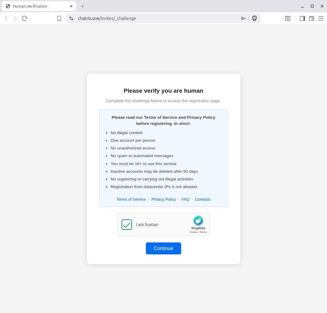 Страницата за потвърждение с hCaptcha в Chatrix.one