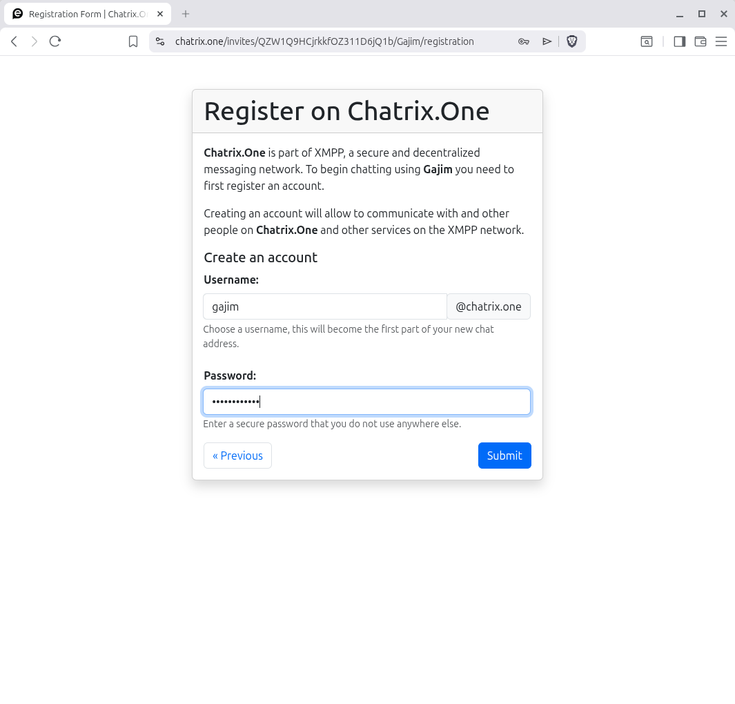Регистрационната форма на Chatrix.one с полета за потребителско име и парола