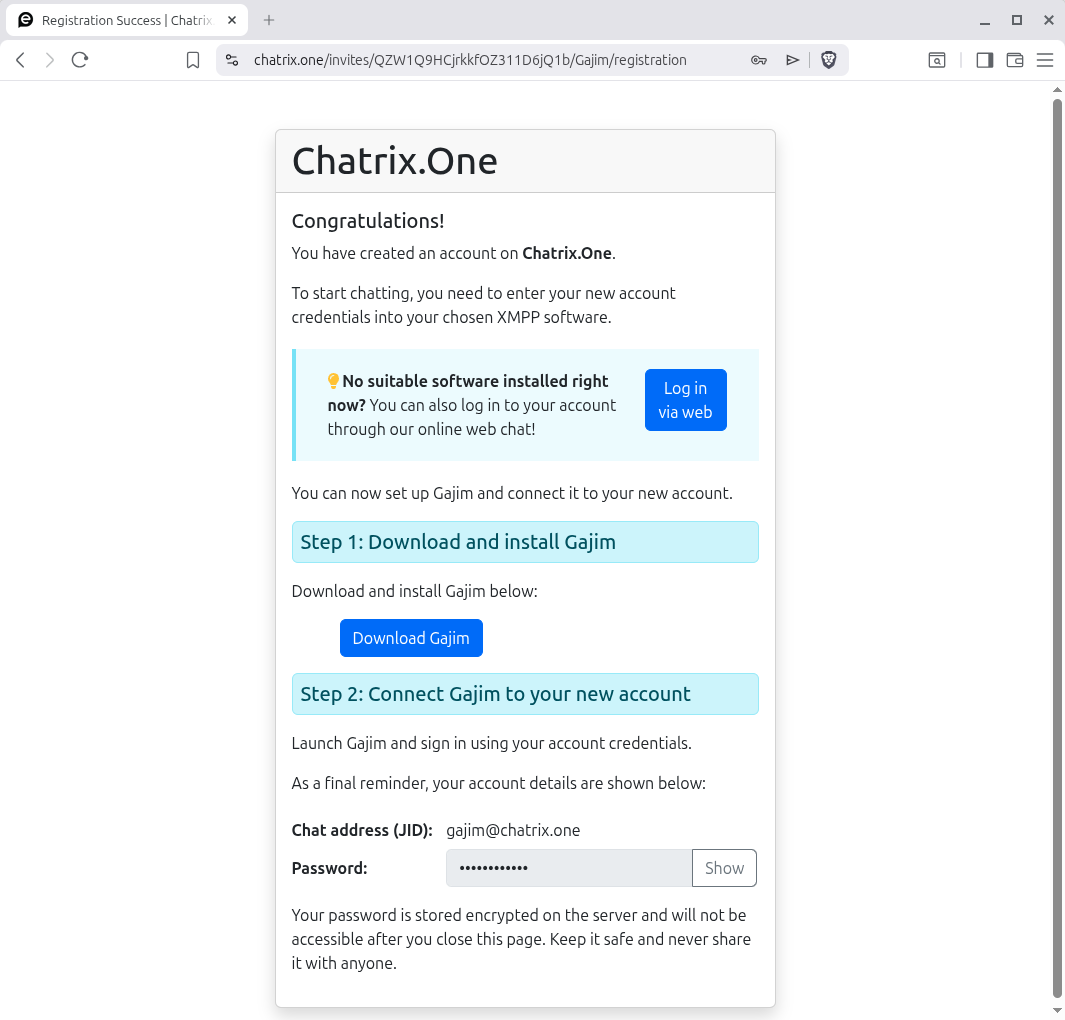 Страница за успешна регистрация в Chatrix.one