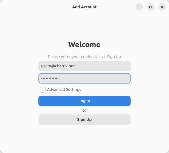 Екранът Add Account в Gajim с попълнени адрес и парола