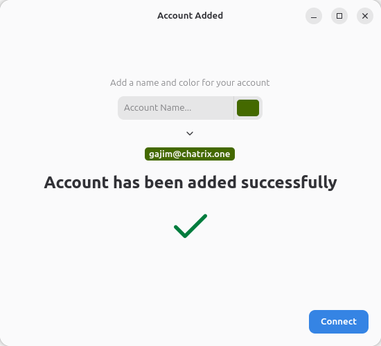 Екранът за успешно добавен акаунт в Gajim с бутон Connect