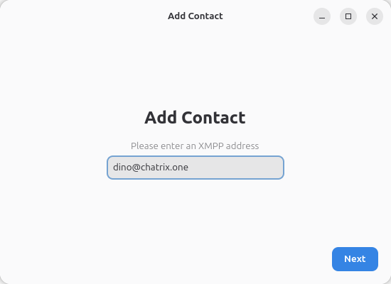 Прозорецът Add Contact в Gajim с поле за XMPP адрес