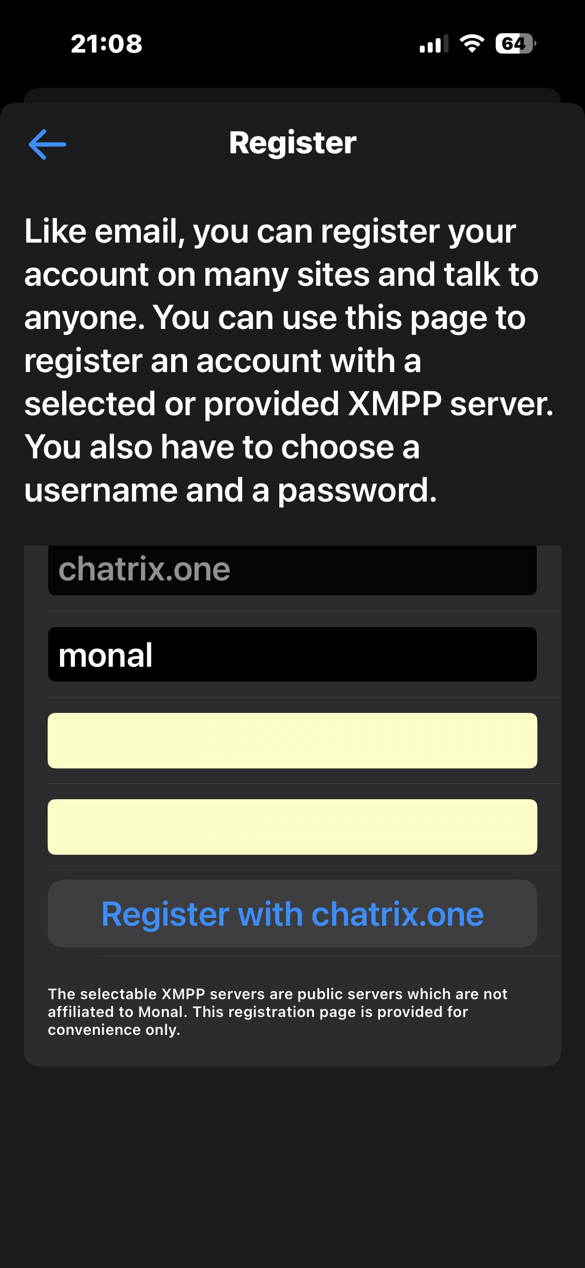 Начален екран за вход в Monal